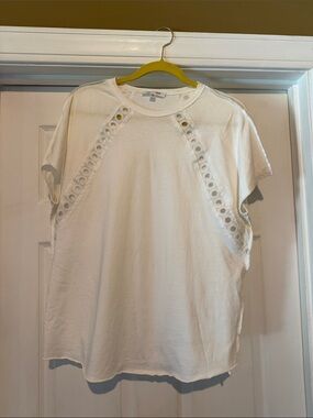 Women's White Eyelet-Trim Short Sleeve Tee